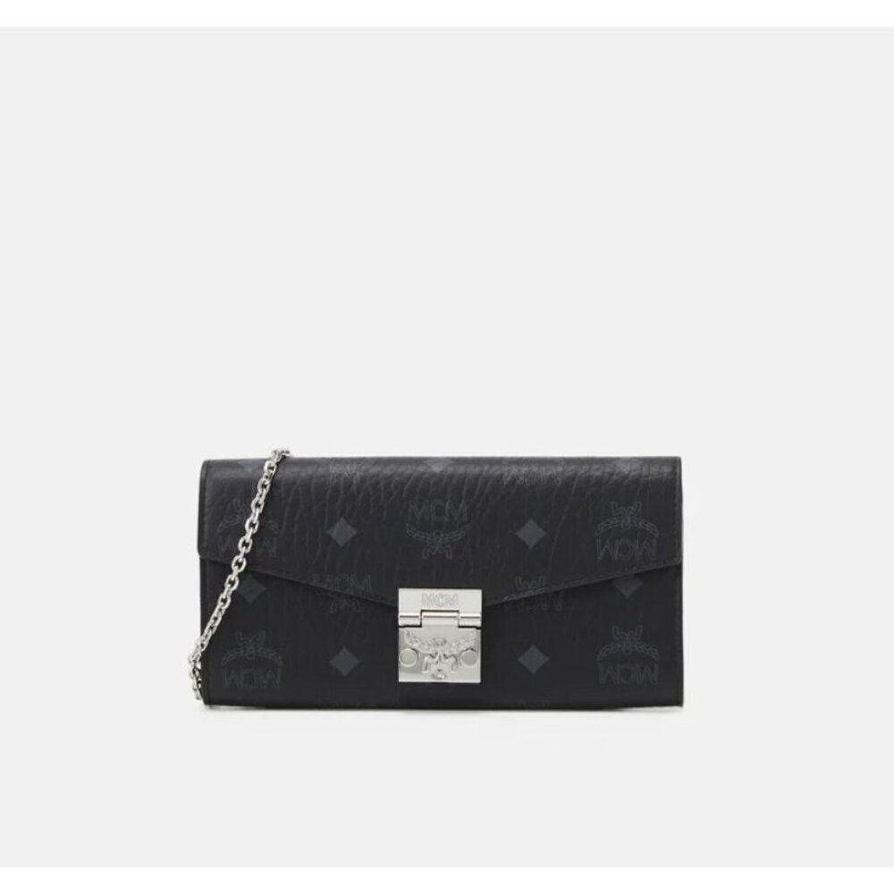 MCM Patricia Visetos Continental Monogram Wallet on a Chain Black and Silver NWT